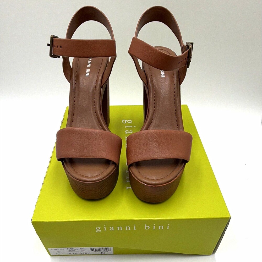 Gianni Bini Palmeera Brown Leather Platform Block Heel Sandals Size 9M NIB